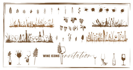 Invitation wine icons - Collection of wine glasses, bottles and plants.  Elements for invitation cards, advertising banners and menus.