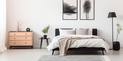 Minimal Scandinavian bedroom interior with black-framed posters, elegant dresser, and warm carpet...
