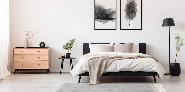 Minimal Scandinavian bedroom interior with black-framed posters, elegant dresser, and warm carpet on white wall.
