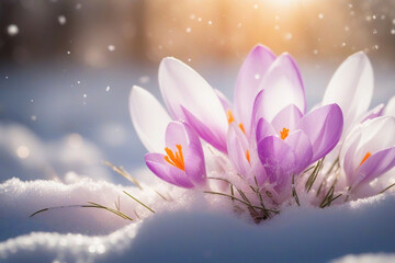 Flower in snow with lightning effects. AI 