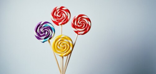  a group of lollipops sitting on top of each other on top of a wooden skewer.