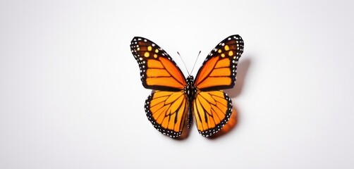  a close up of a butterfly flying on a white surface with only one wing missing from the top of the butterfly.