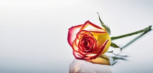  a single red and yellow rose sitting on top of a glass of water with a stem sticking out of it.