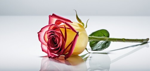  a single red and yellow rose sitting on top of a white table with a reflection on the surface of the table.