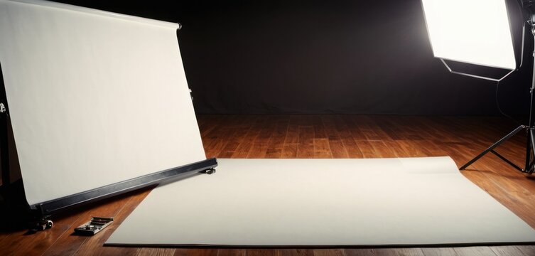  a photo shoot with a light and a white sheet on a wooden floor in front of a black backdrop with a white light.