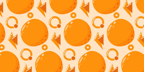 Abstract seamless pattern with oranges, geometric shapes. Summer fruit vector illustration on isolated background for paper, cover, fabric, gift wrap. Flat style