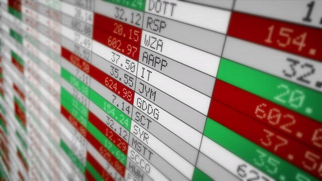 
Stock Exchange Panel with Green, Red and White Numbers of Gains and Losses. Stock Market Analysis and Investment, Wall Street Business and Financial concept. Stock Tickers.