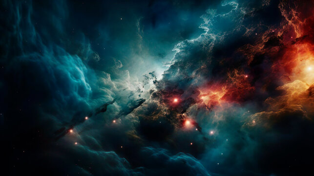 Birth of supernova star. Big bang explosion in outer space. The genesis of a new planet in the galaxy. Expansion of universe. Gas dust clouds nebula background.