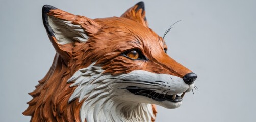  a close up of a figurine of a fox's head with orange eyes and a black nose.