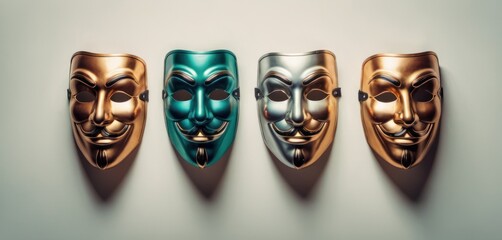  a group of three masks sitting on top of a white wall with a green and gold mask on top of it. - obrazy, fototapety, plakaty