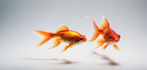  a couple of goldfish swimming next to each other on top of a body of water in front of a white background.