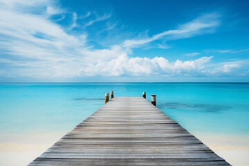 Fototapeta premium Calm relaxing background with a sea and sun light with boardwalk, ai generative