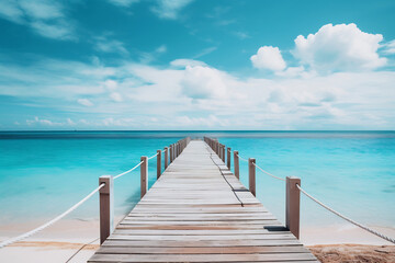 Obraz premium Artistic boardwalk with sea view for tour background, ai generative