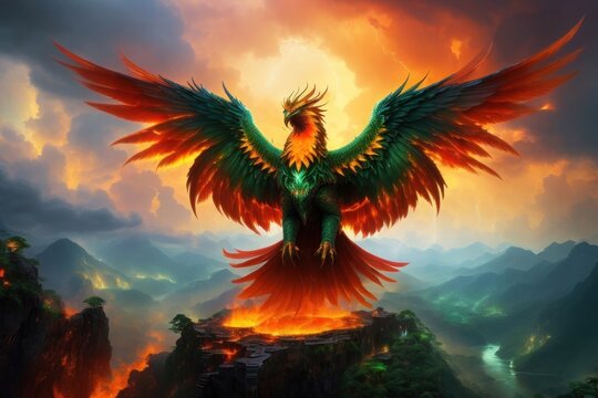 Fiery phoenix spreading its wings