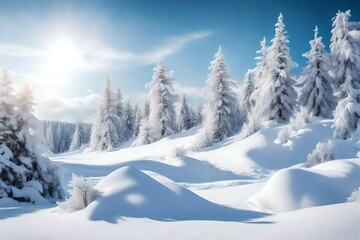 Fototapeta na wymiar Gorgeous scenery with snowdrifts and fir trees covered with snow