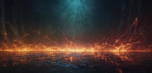  a large body of water with a lot of fire in the middle of the water and a lot of ice in the middle of the water. - obrazy, fototapety, plakaty
