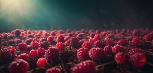  a bunch of raspberries sitting in the middle of a field of raspberries on a sunny day. - obrazy, fototapety, plakaty
