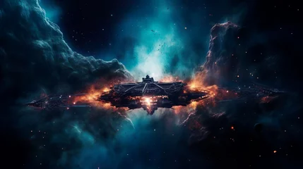 Foto op Canvas Intergalactic interstellar war in outer space. High-tech deep space exploration to find new natural resources and minerals. A spaceship spacecraft protects the solar system in the galaxy. Future © Irina
