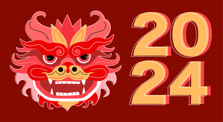 Dragon Lunar New Year 2024 illustration set on dark red background. Chinese New Year elements. Chinese zodiac Dragon. Symbol of Good Fortune. Vibrant Celebrations New Year Clip Art.
