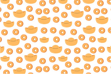 Yuanbao Money and coins with a square hole seamless pattern on white background. Decoration elements for Chinese New Year. Symbol of wealth and prosperity.