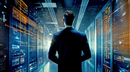 A Man is Standing in the Server Room. Cloud Computing Service. Server Farm. Cybersecurity, Data Storage, New Technologies. - obrazy, fototapety, plakaty