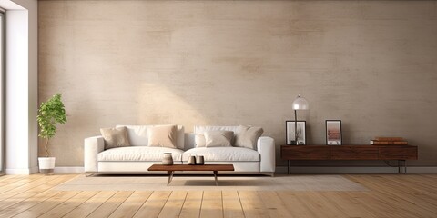 Interior design: Spacious living room with bare wall.