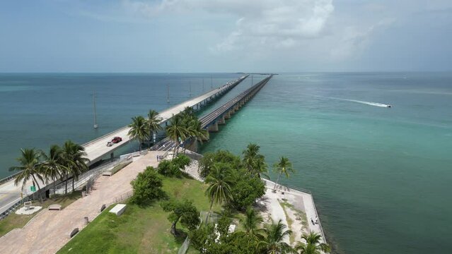 Aerial view of The Seven Mile Bridge with walking path near Marathon in the  Florida Keys, Monroe County, United States. 