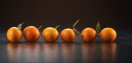  a group of five oranges sitting next to each other on top of a black surface with a green leaf on top of them.