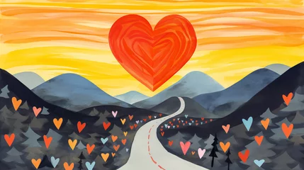 Deurstickers A sweeping heart-shaped highway encircling a simplistic landscape of forests, mountains and a sun - perfect for graphic designs seeking atmosphere and emotion. © XaMaps