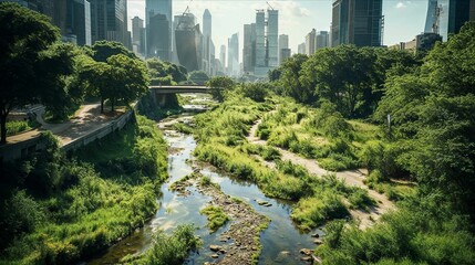 Aerial view of a modern sponge city, plants as the lungs of modern megacities, sustainable green...