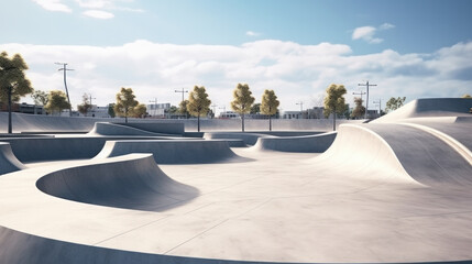 outdoor skatepark with blue sky and grey concrete. - obrazy, fototapety, plakaty