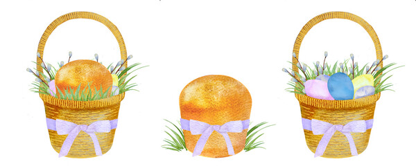 a set of illustrations: a hand-drawn watercolor Easter basket, a basket with colored eggs, willow branches and grass, Easter pastries and Easter cake. Picture for a holiday card