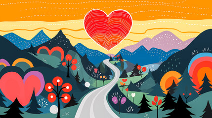 A lopsided heart-shaped highway looping around a poorly sketched forest and mountains with a scribbled sun.