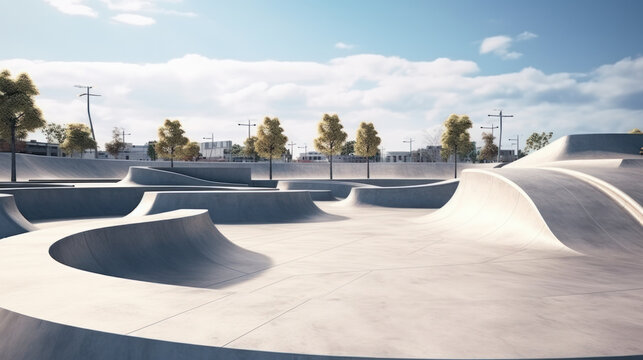 outdoor skatepark with blue sky and grey concrete.