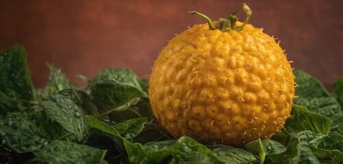  a close up of an orange on a bed of green leafy leaves on a brown background with a brown wall in the background.