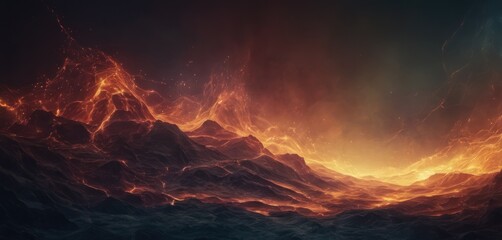  a computer generated image of a mountain range with a bright orange and yellow light coming from the top of the mountain.