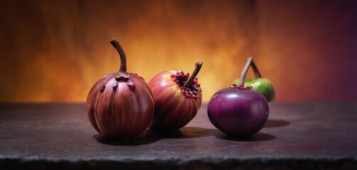  a group of three onions sitting next to each other on top of a wooden cutting board on top of a table.