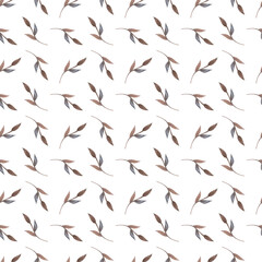 illustration of a pattern of twigs drawn in watercolor by hand. Print for fabric with natural motifs. Picture of twigs, leaves, environmental pictures