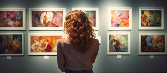 Young woman admiring photography at art exhibition.