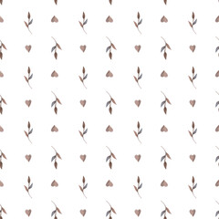 illustration of a pattern of twigs drawn in watercolor by hand. Print for fabric with natural motifs. Picture of twigs, leaves, environmental pictures