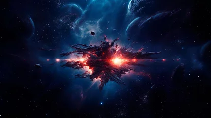 Badkamer foto achterwand Interstellar intergalactic war in outer infinity space. High-tech deep space exploration to find new natural resources and minerals. Protect the solar system in the galaxy. Future futuristic fantasy © Irina