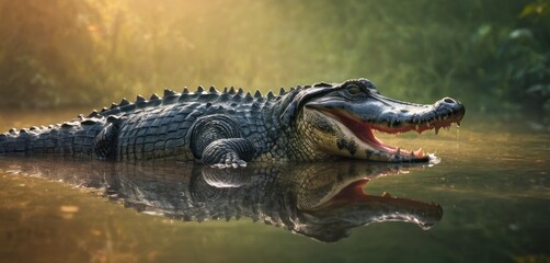  a close up of a large alligator in a body of water with trees in the background and sunlight shining on the water. - obrazy, fototapety, plakaty