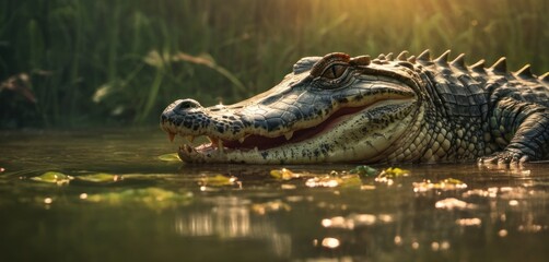  a close up of a crocodile in a body of water with grass in the background and sunlight shining on it.