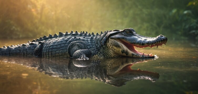  a close up of a large alligator in a body of water with trees in the background and sunlight shining on the water.