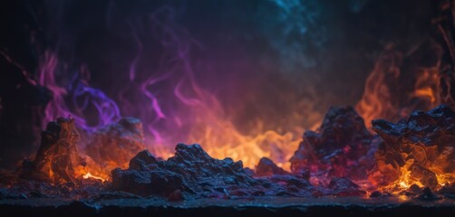  a close up of a bunch of rocks with a lot of fire coming out of the top of the rocks.