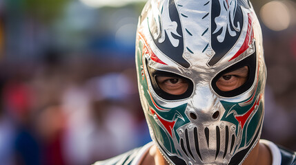 A close-up of a masked luchador's intense gaze, with the wrestling ring blurred in the background.