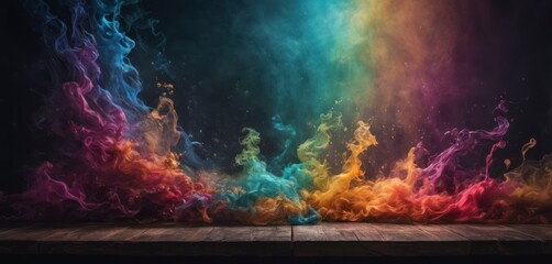  a group of colorful smokes on a wooden floor in front of a black background with a wooden floor in the foreground. - obrazy, fototapety, plakaty