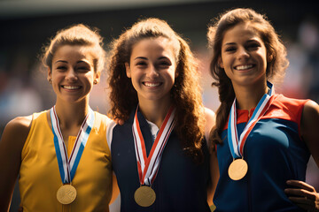 Portrait of smiling female athletes with gold medals ai generated art