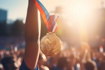 Close up of a black athlete hand holding gold medal against the sun ai generated art - Powered by Adobe