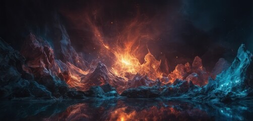  a digital painting of a mountain range with fire and ice in the foreground and water in the foreground.